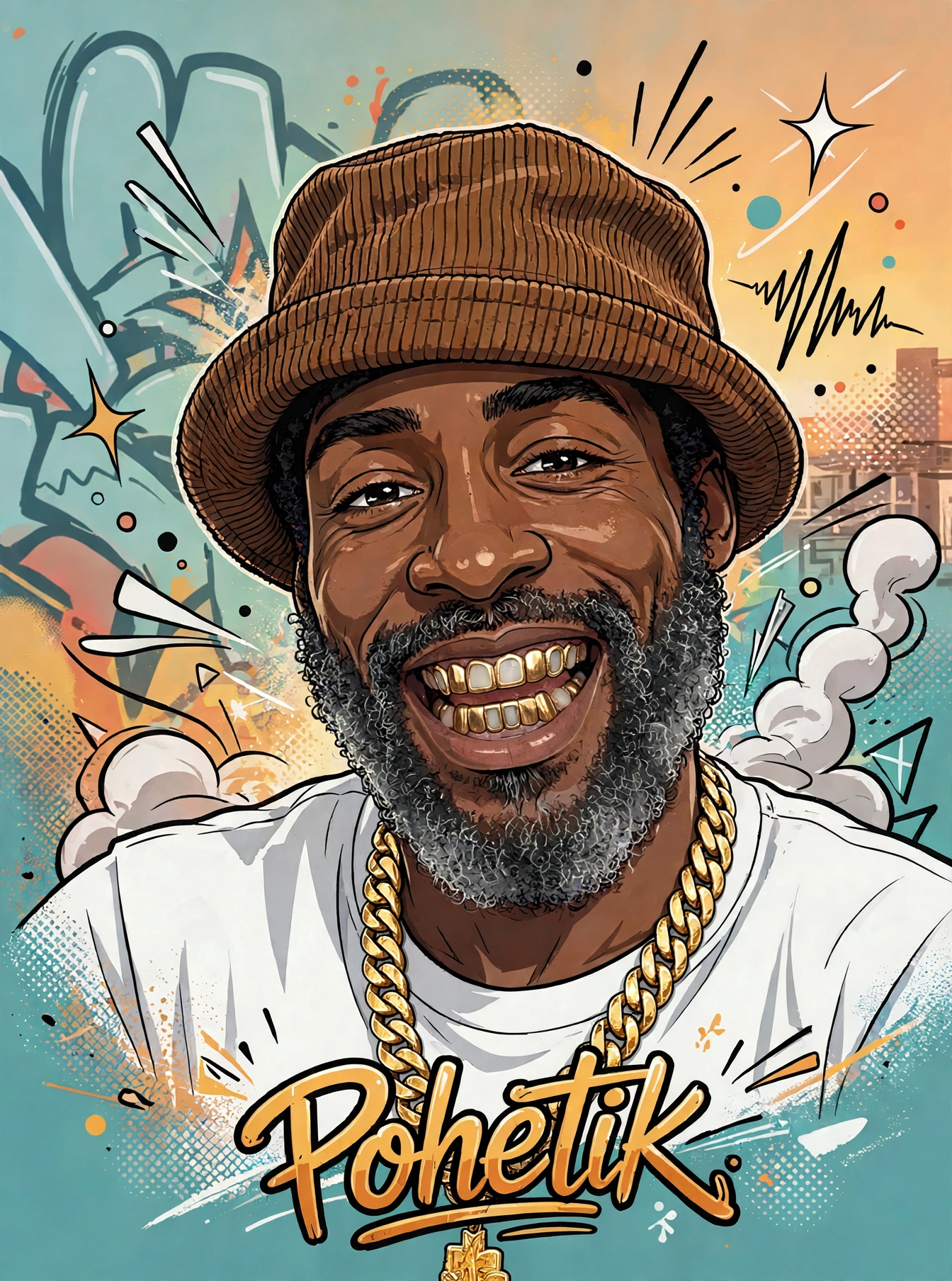 Pohetik artist portrait — black and gold cartoon artwork